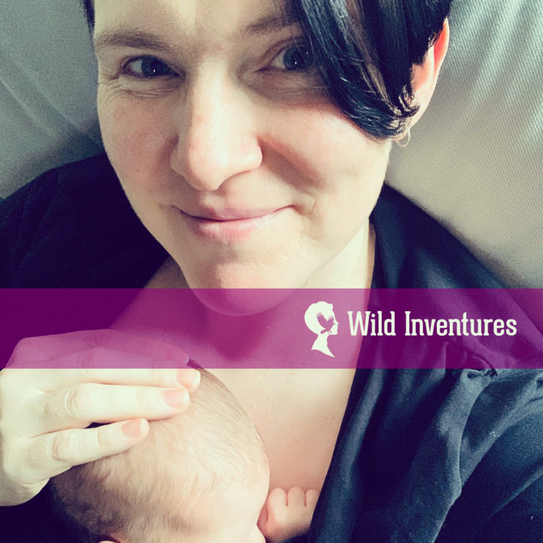 Rowan with newborn baby and the words "Wild Inventures" overlaid